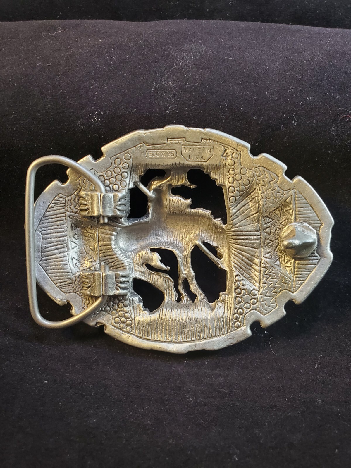Diamond Cut Pewter Man Riding Horse Belt Buckle