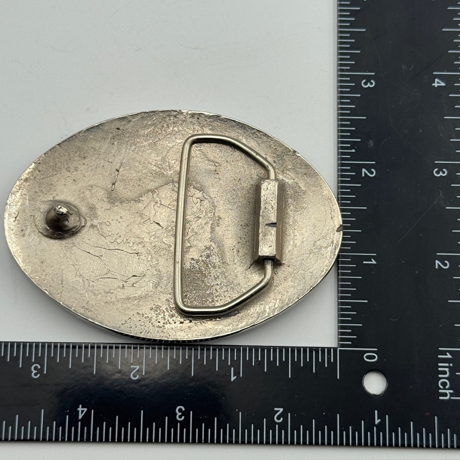 Vintage Masonic Belt Buckle Turquoise Chip Inlay Compass Silver Tone