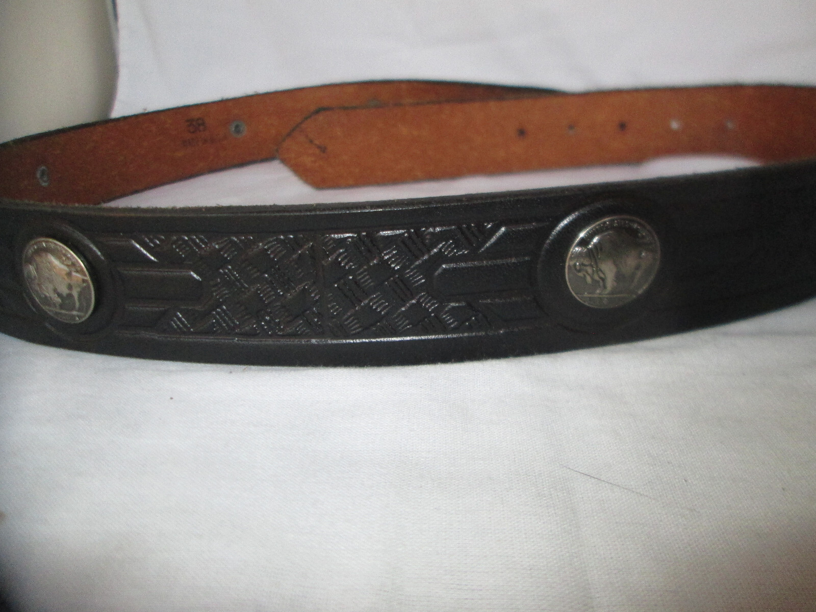 Flying Eagle Buckle Brass Tone & Black & Buffalo Nickel Accented Belt Size 38