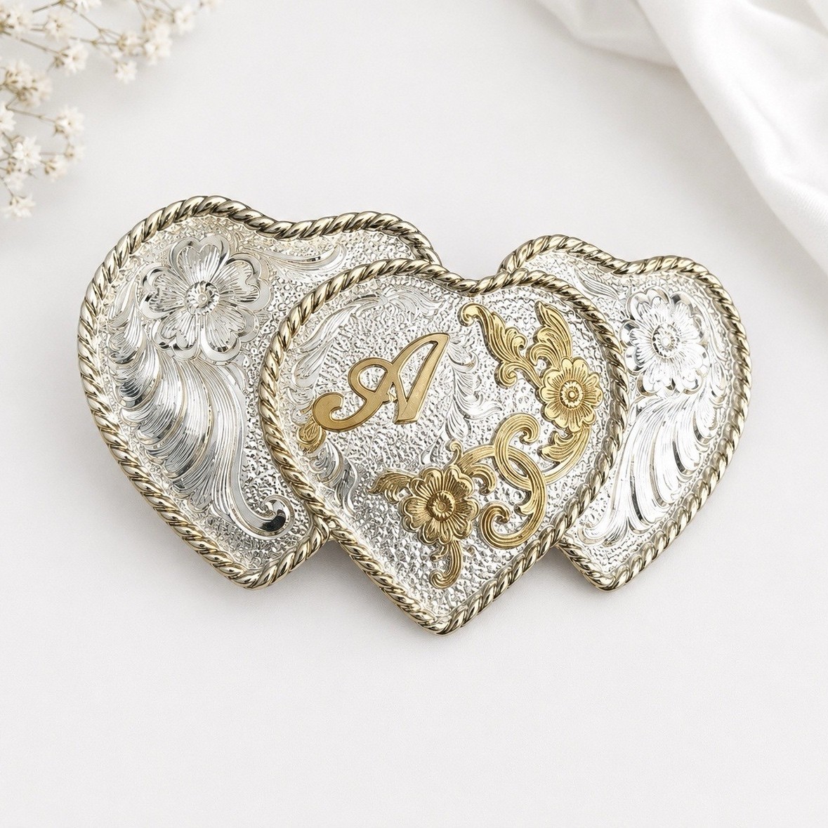 Award Design Medals Silver Gold Heart Floral Monogram Western Belt Buckle 1.5in