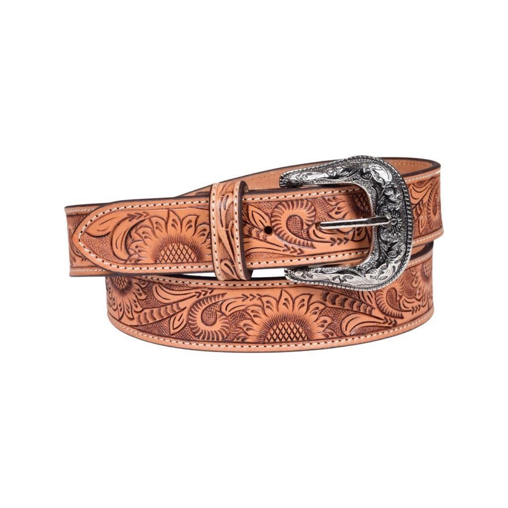Affilare Tooled Genuine Leather Sunflower Design Western Belt With 38, Tan