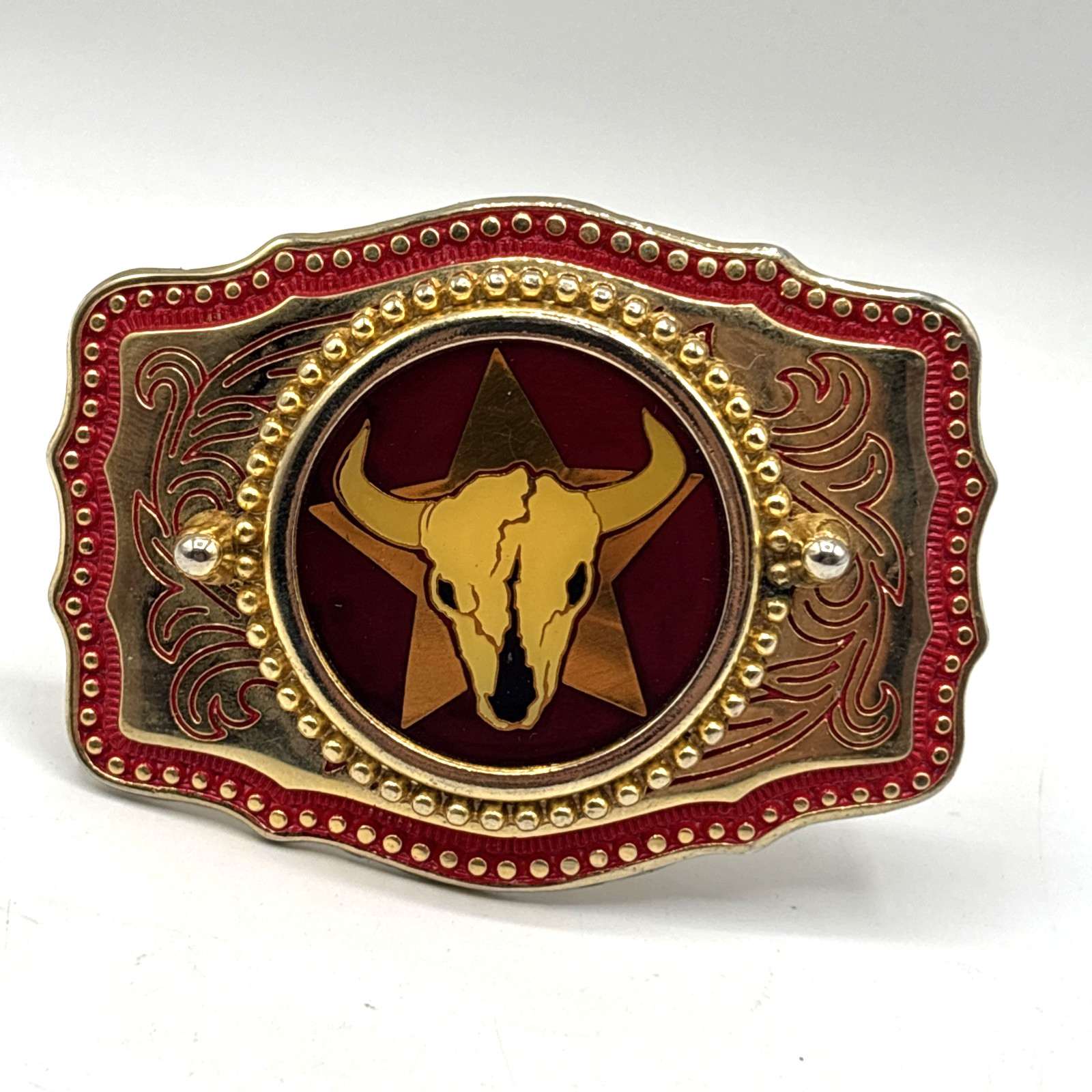 Western Longhorn Bull Skull Belt Buckle – Gold And Red Color