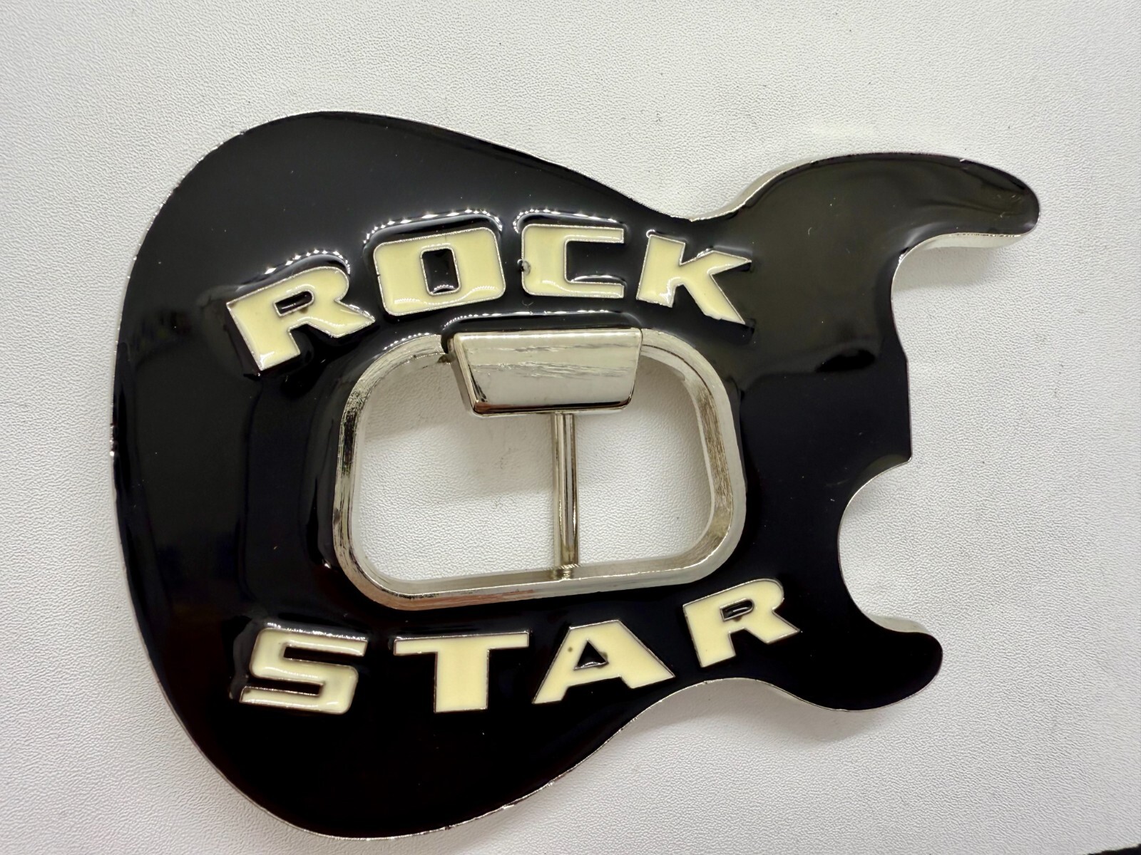 Rock Star Musician Guitar Body with Bottle Opener Black Enameled Belt Buckle