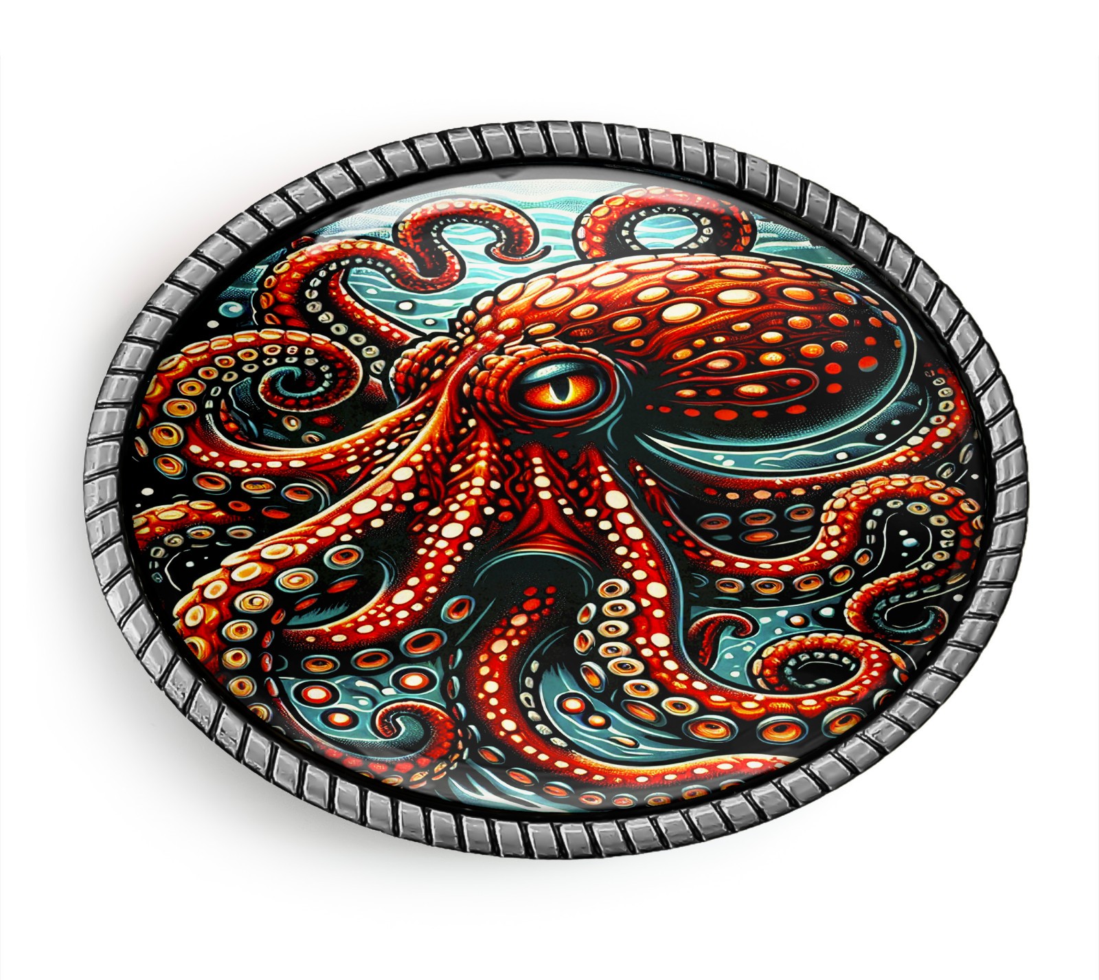 Kraken Belt Buckle – Colorful Octopus Art, Antique Silver or Gold, Handmade Oval