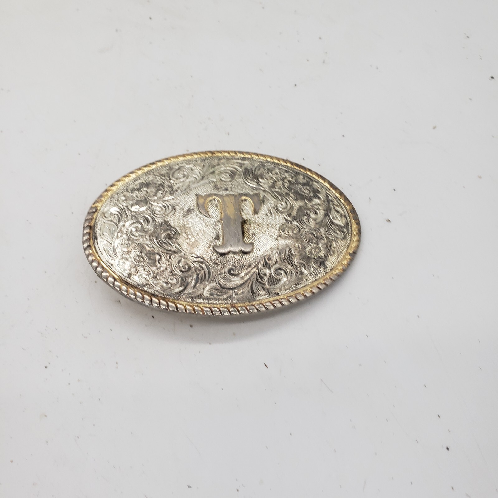 Aminco Heritage Collection T Initial Silver and Gold Plated Western Belt Buckle