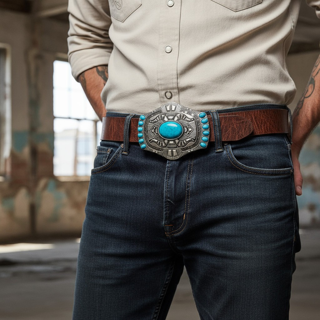 Men Silver Metal Buckle Western Fashion Turquoise Blue Beads Maya Aztec Style