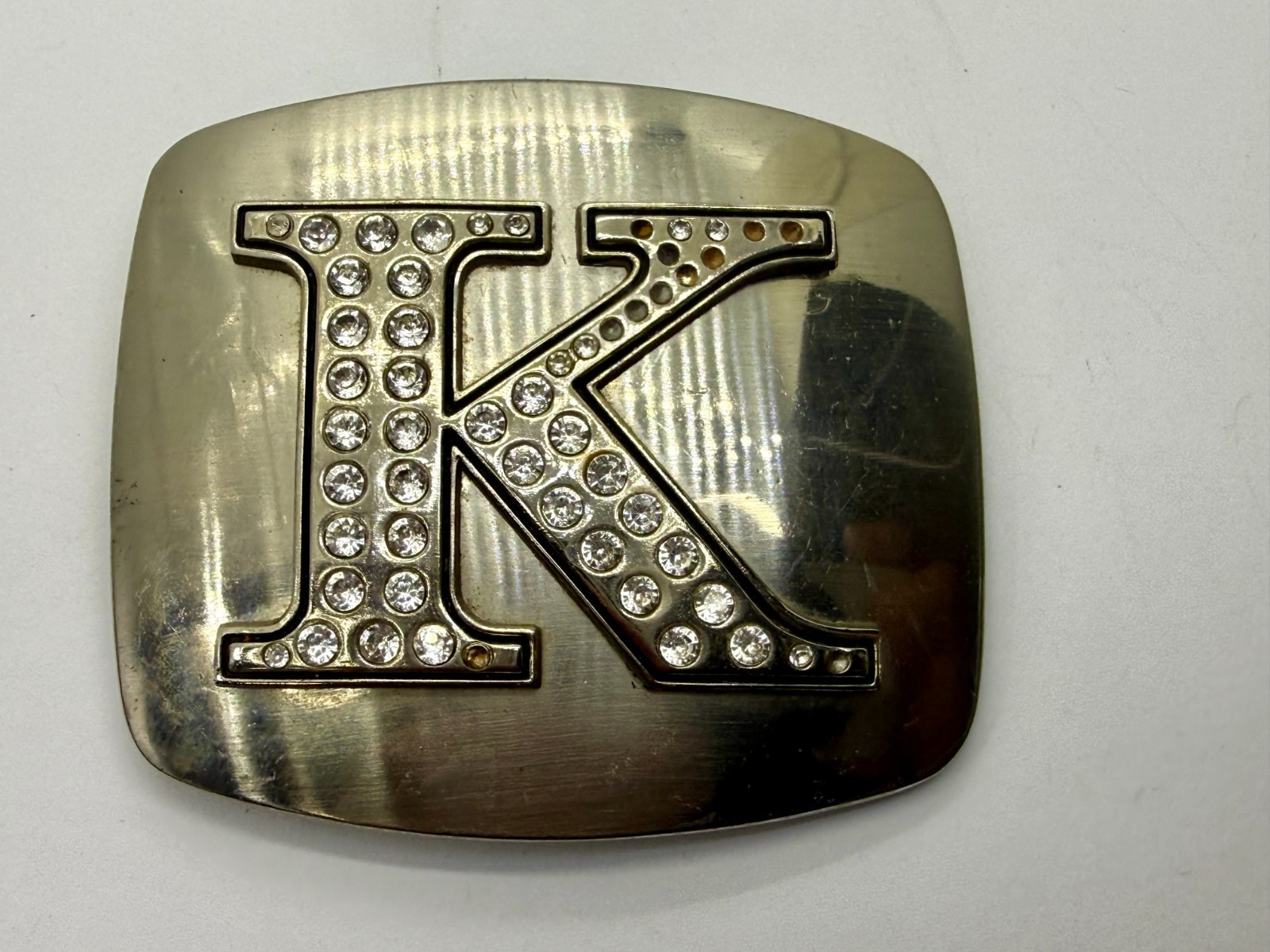 Custom Initial Letter K Monogram Silver Tone Belt Buckle – Missing a Rhinestone