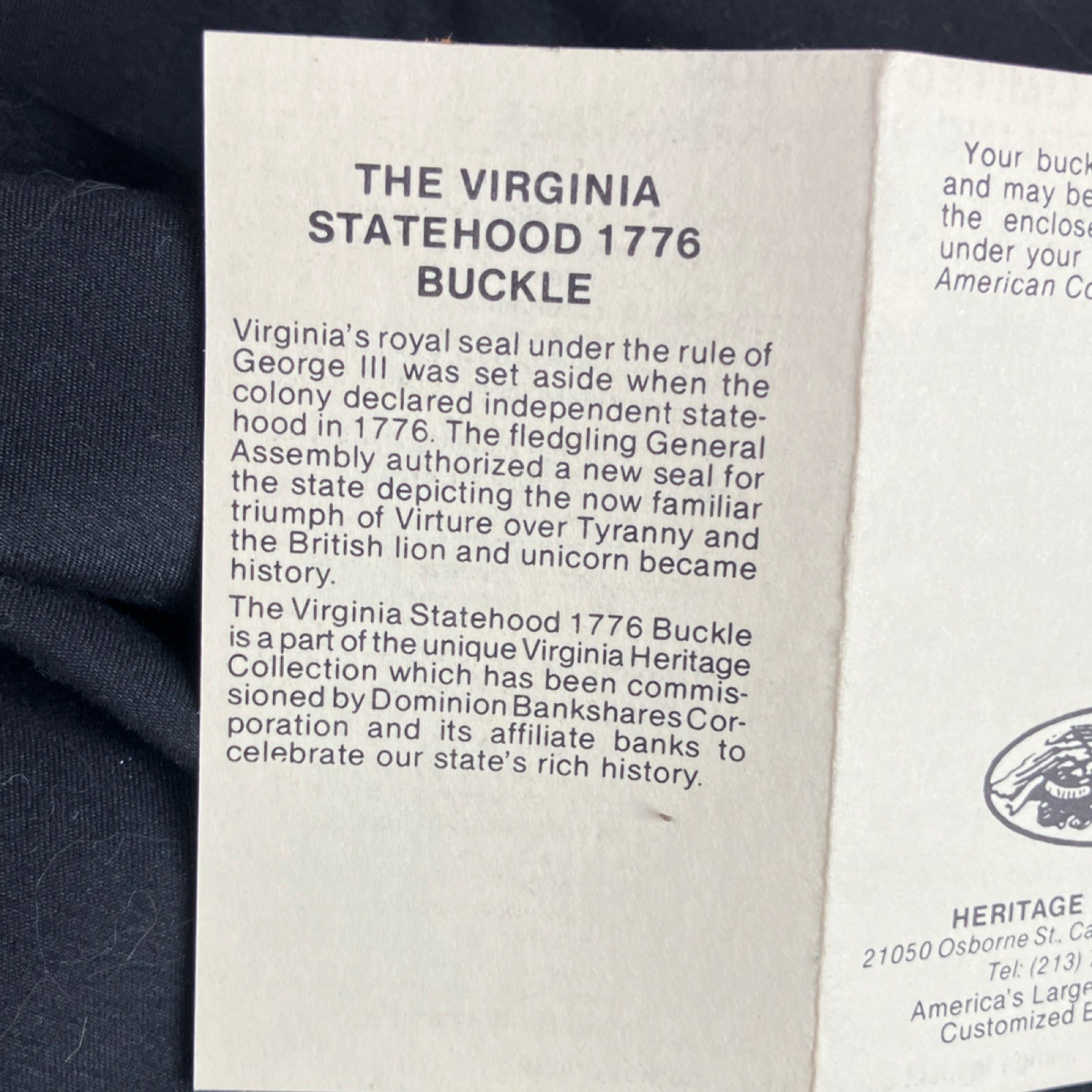 Heritage Mint Ltd Virginia Statehood 1776 Belt Buckle serial number NI1073 brass