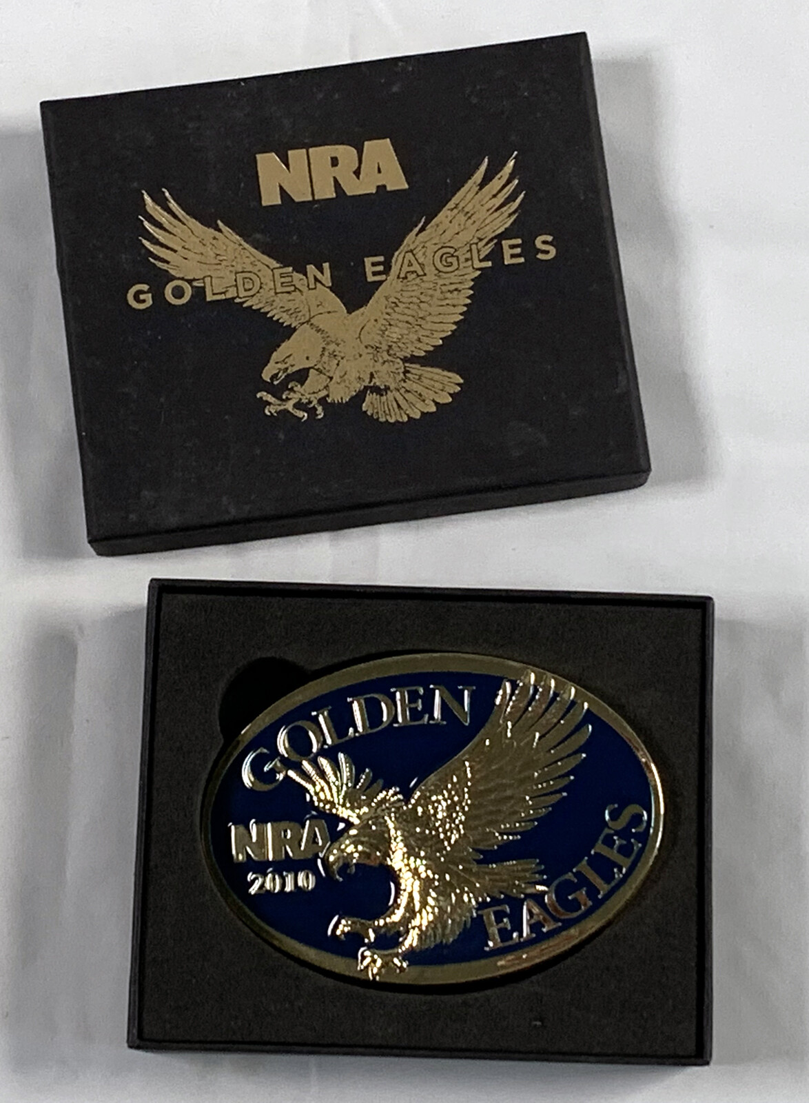 2 NRA National Rifle Association Brass Belt Buckles 2010 Golden Eagles in Boxes