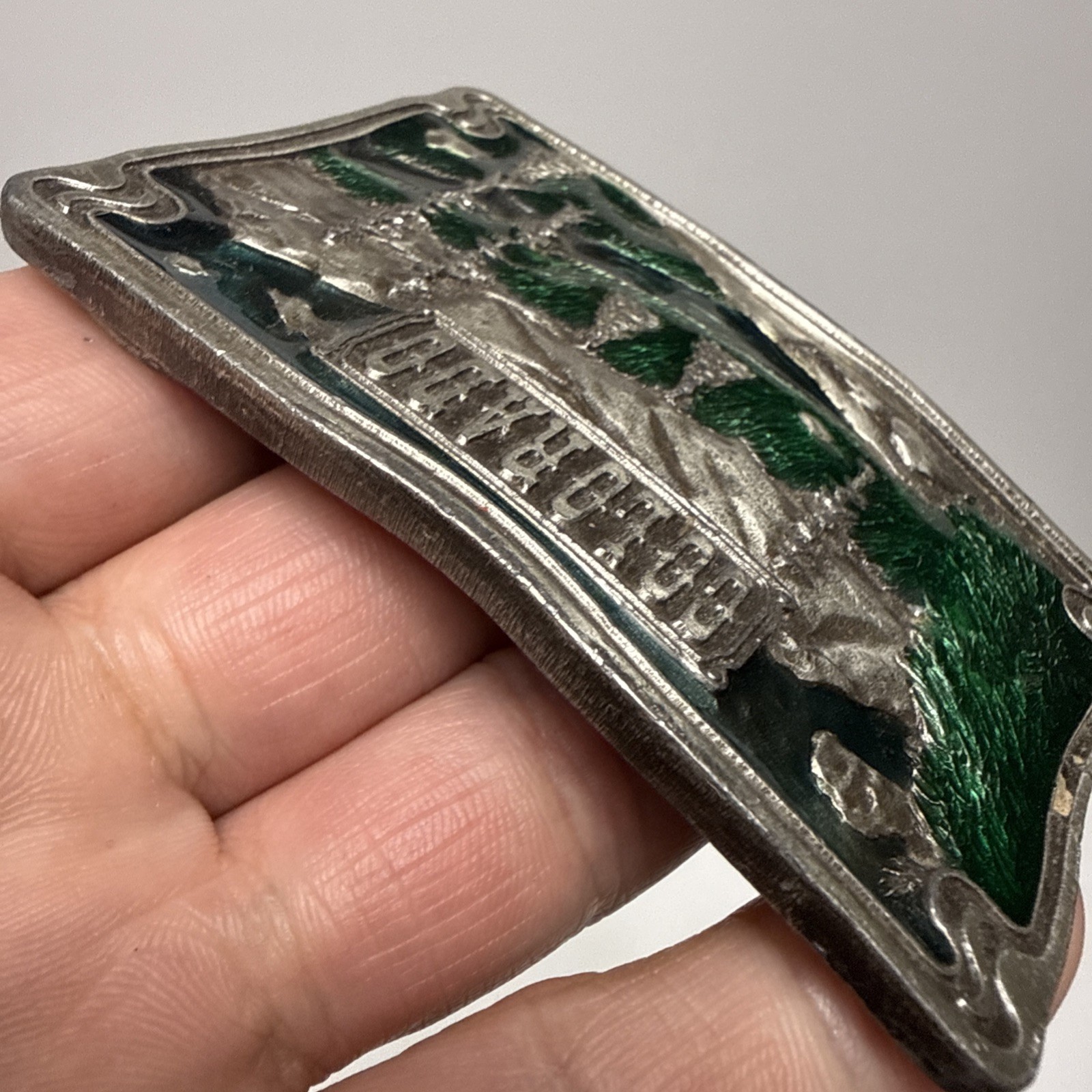 VTG 1976  » COLORADO  » BERGAMOT Brass Works Enamel DIX Leather BELT BUCKLE – NICE
