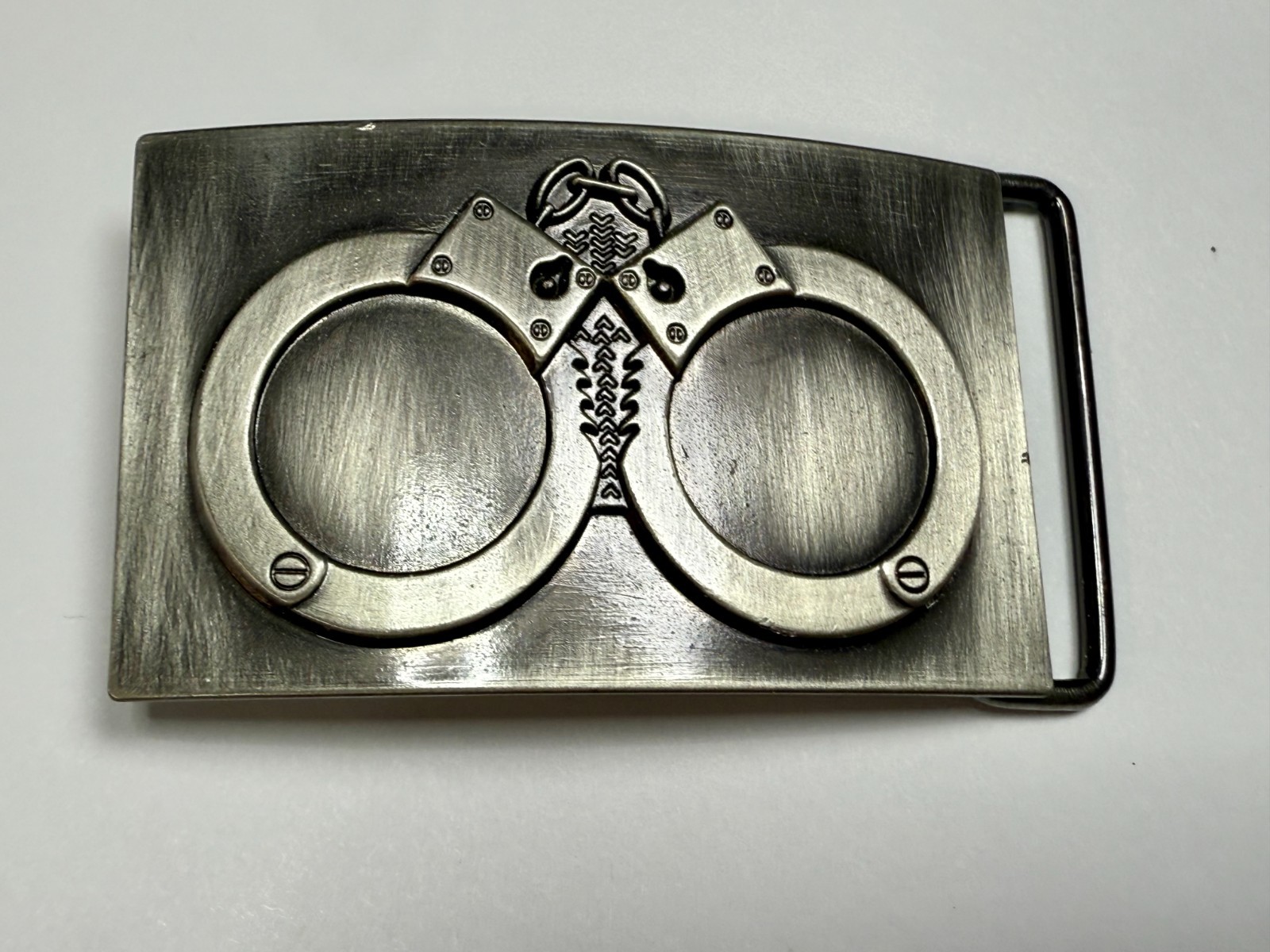 Hand Cuffs Raised Handcuffs on Silver Color Rectangular Belt Buckle