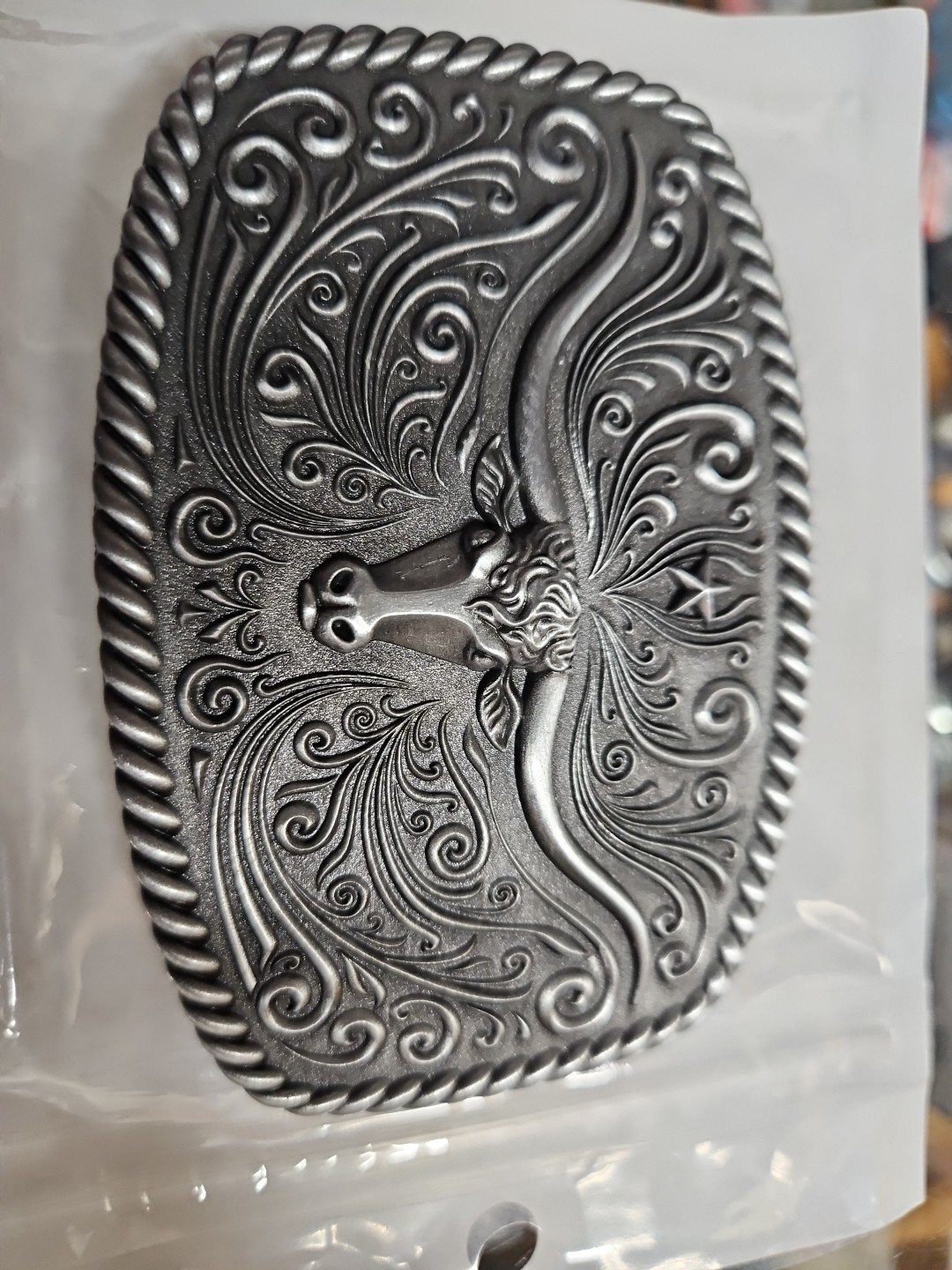 Country Western Mens Belt Buckle Longhorn Cowboy Antique Silver 4&Prime; x 2-5/8&Prime; New