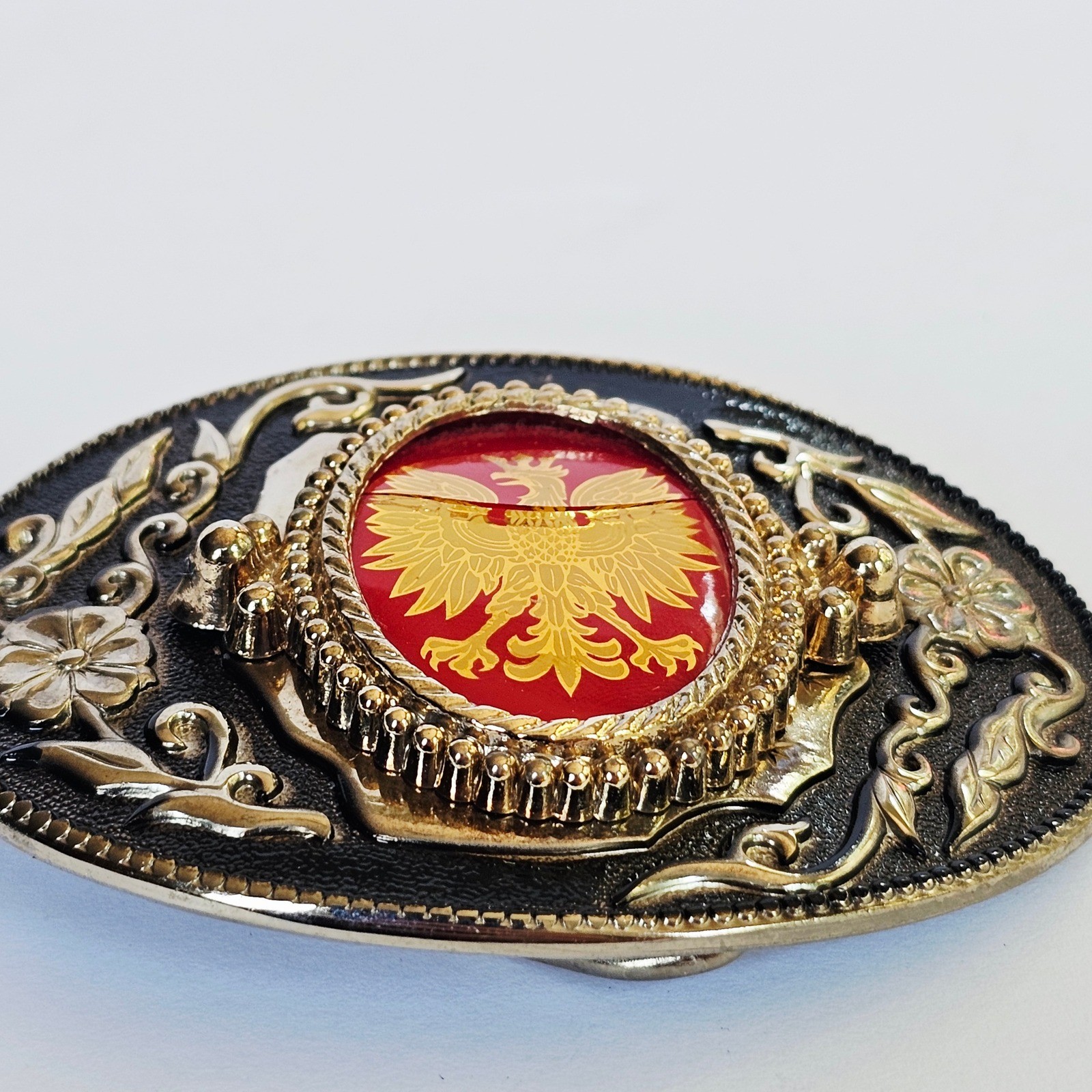 Vintage Polish Plate Style Steel Belt Buckle Austrian Slavic Eagle Gold Heraldic