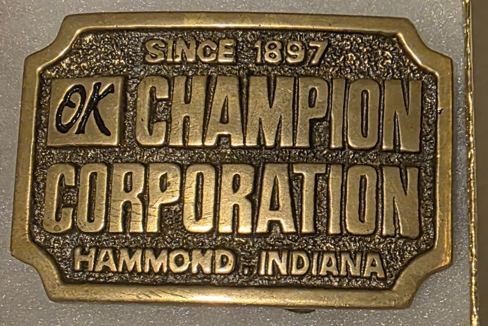 Vintage Metal Belt Buckle, Brass, OK Champion Corporation, SInce 1897, Hammond
