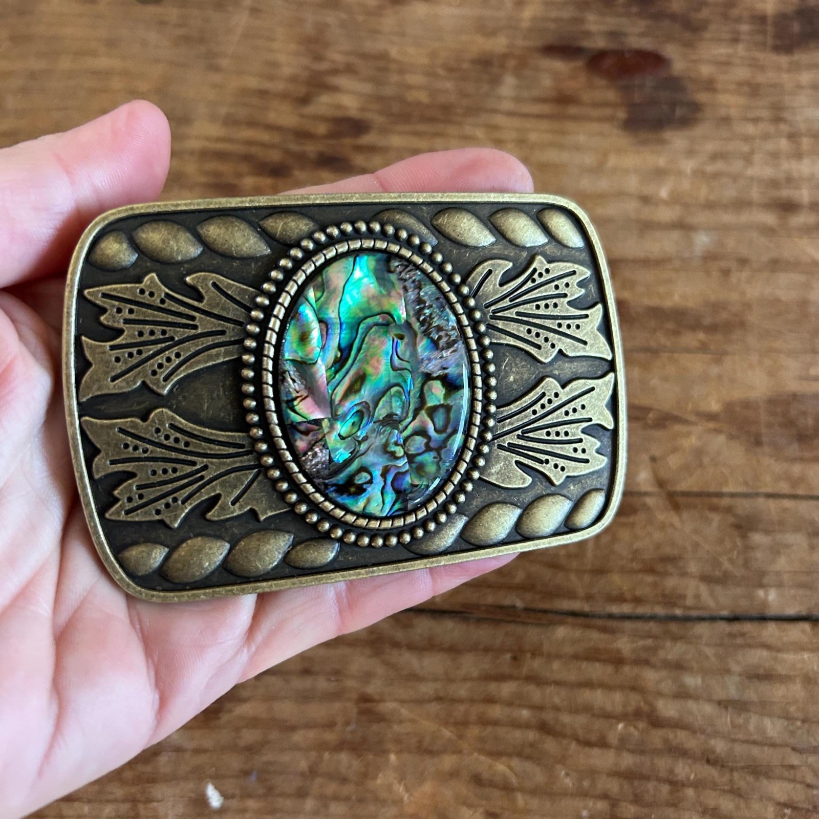 Abalone Shell Belt Buckle Engraved Silver Turquoise Inlay Fits 1.5 Inch Belt