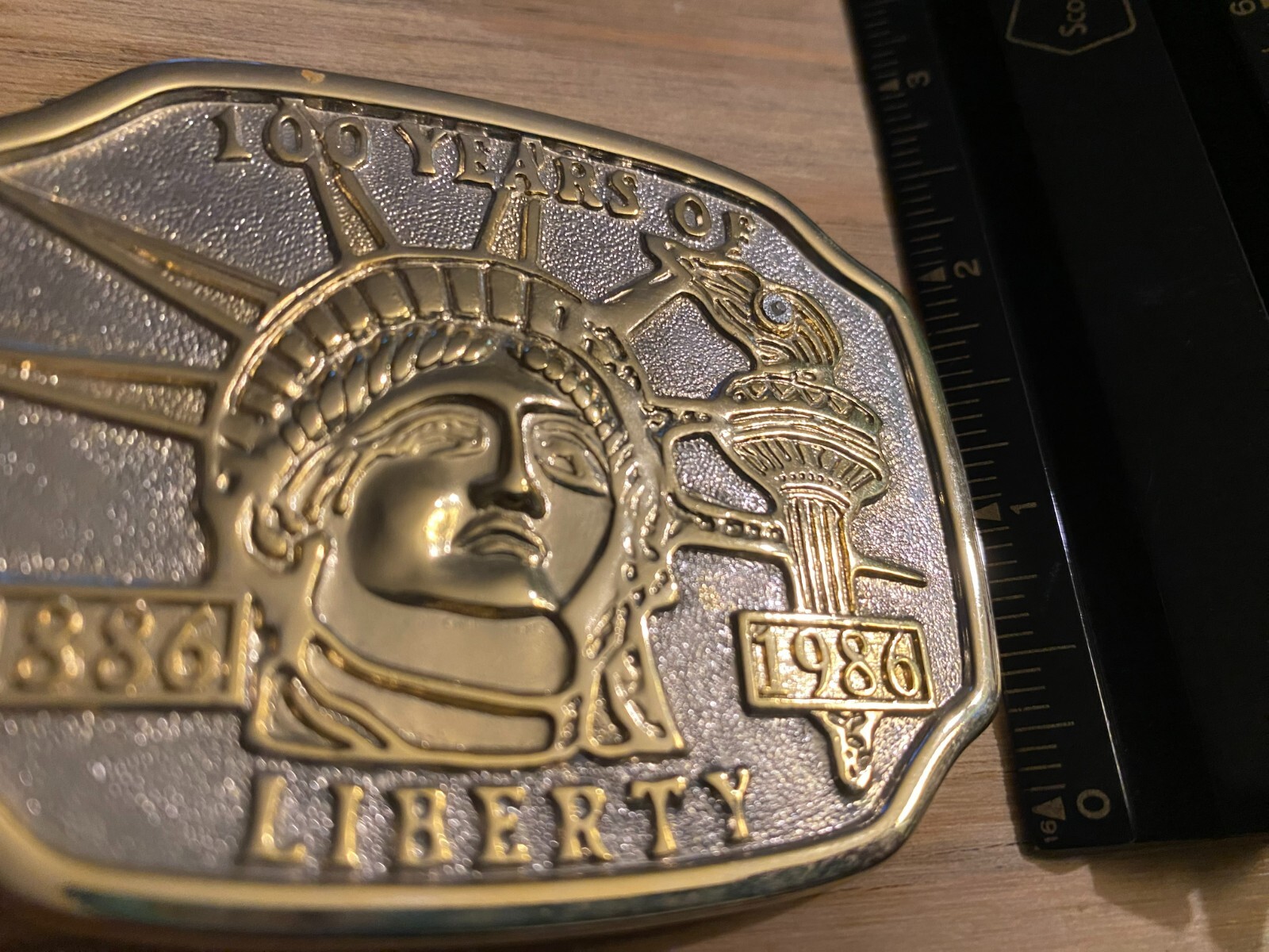 Vintage 100 Years of Liberty 1986 Gold Tone Metal Belt Buckle