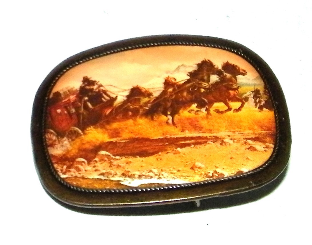 Vintage Metal Belt Buckle, Stage Coach line, Wells Fargo, Western Design Horses