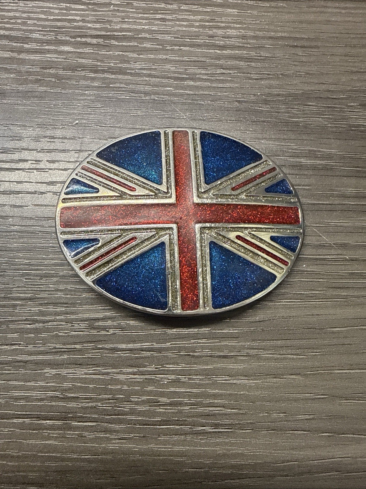 Vintage British Flag Belt Buckle Union Jack Glitter Enamel On Silver Tone Metal