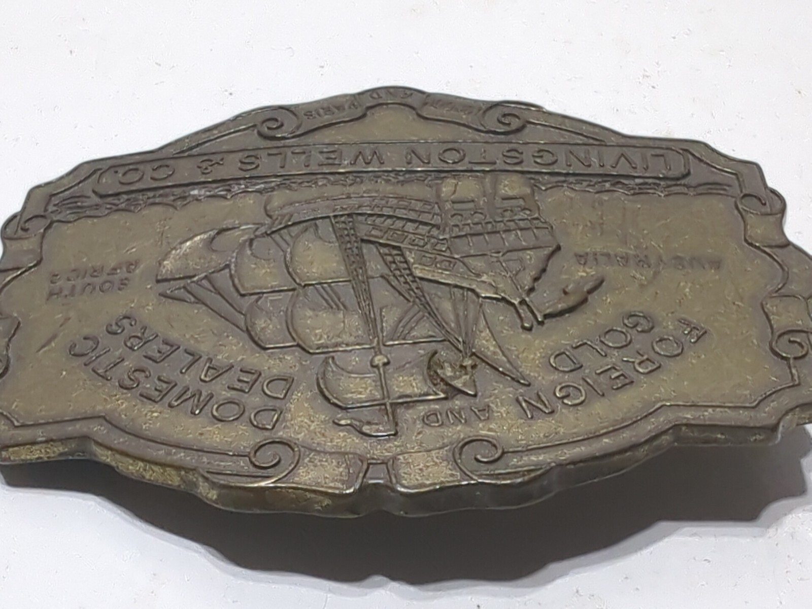 ✨VINTAGE✨Livingston Wells & Co. Foreign & Domestic Gold Dealers BELT BUCKLE Ship