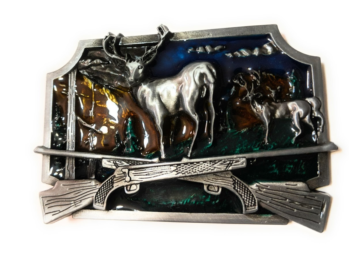 Deer Scenery rifles crossed Belt Buckle Antique silver BG Whitetail hunting USA