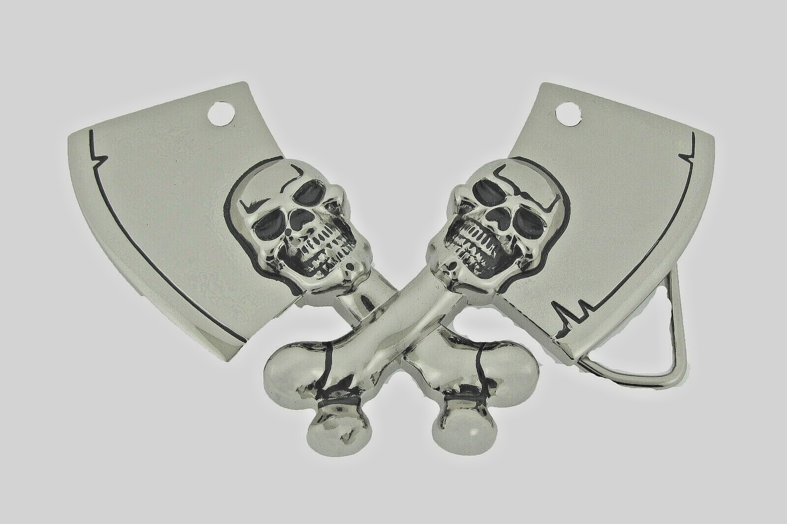 Skull Belt Buckle Rock Rebel Skeleton Vintage Hatchet Silver Metal Cleavers Axes