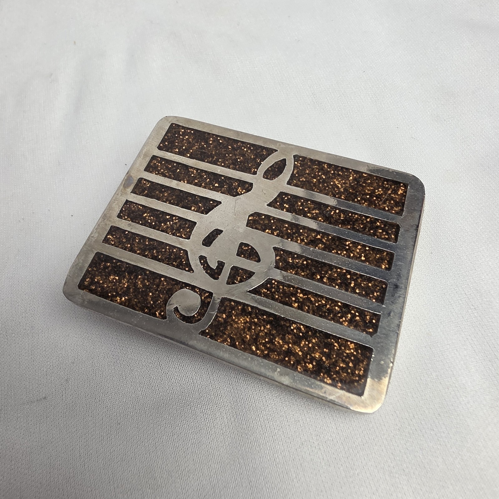 Vintage Treble Clef Belt Buckle Glitter Enamel Silver Tone Heavy Quality Made