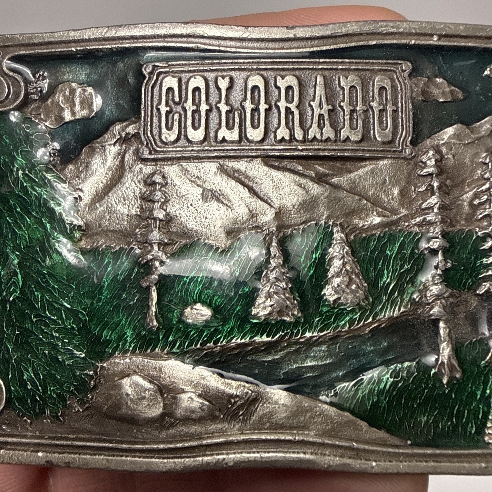 VTG 1976  » COLORADO  » BERGAMOT Brass Works Enamel DIX Leather BELT BUCKLE – NICE