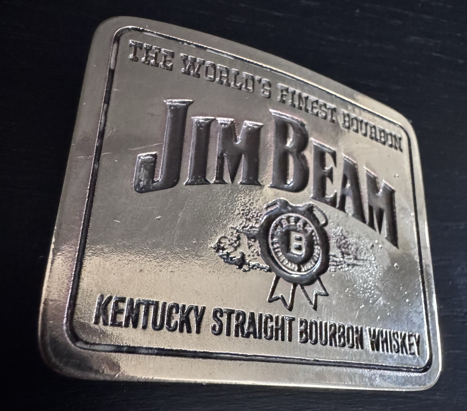 VINTAGE JIM BEAM BOURBON BELT BUCKLE BRASS Wyoming Studio Artworks Made In Usa