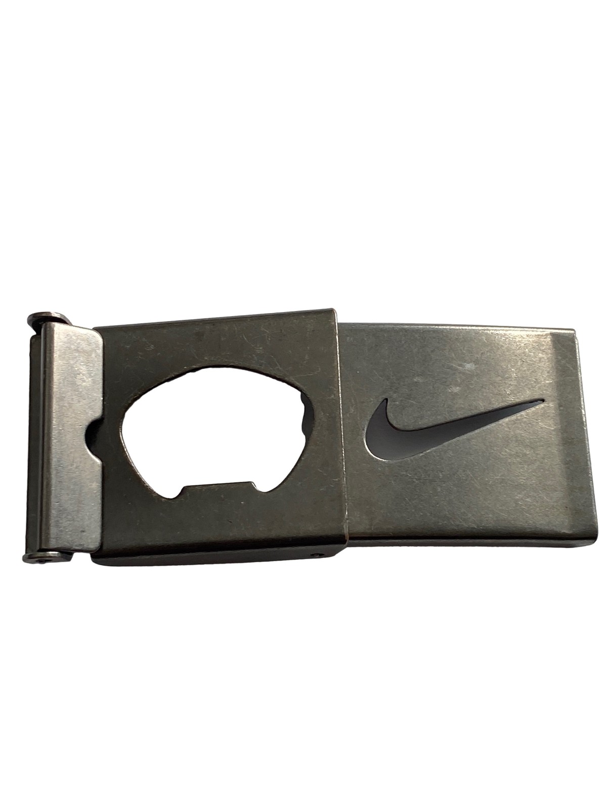 Nike Gun Metal Belt Buckle Cutout Swoosh Logo SilverTone Beer Opener 2.5×1.75”