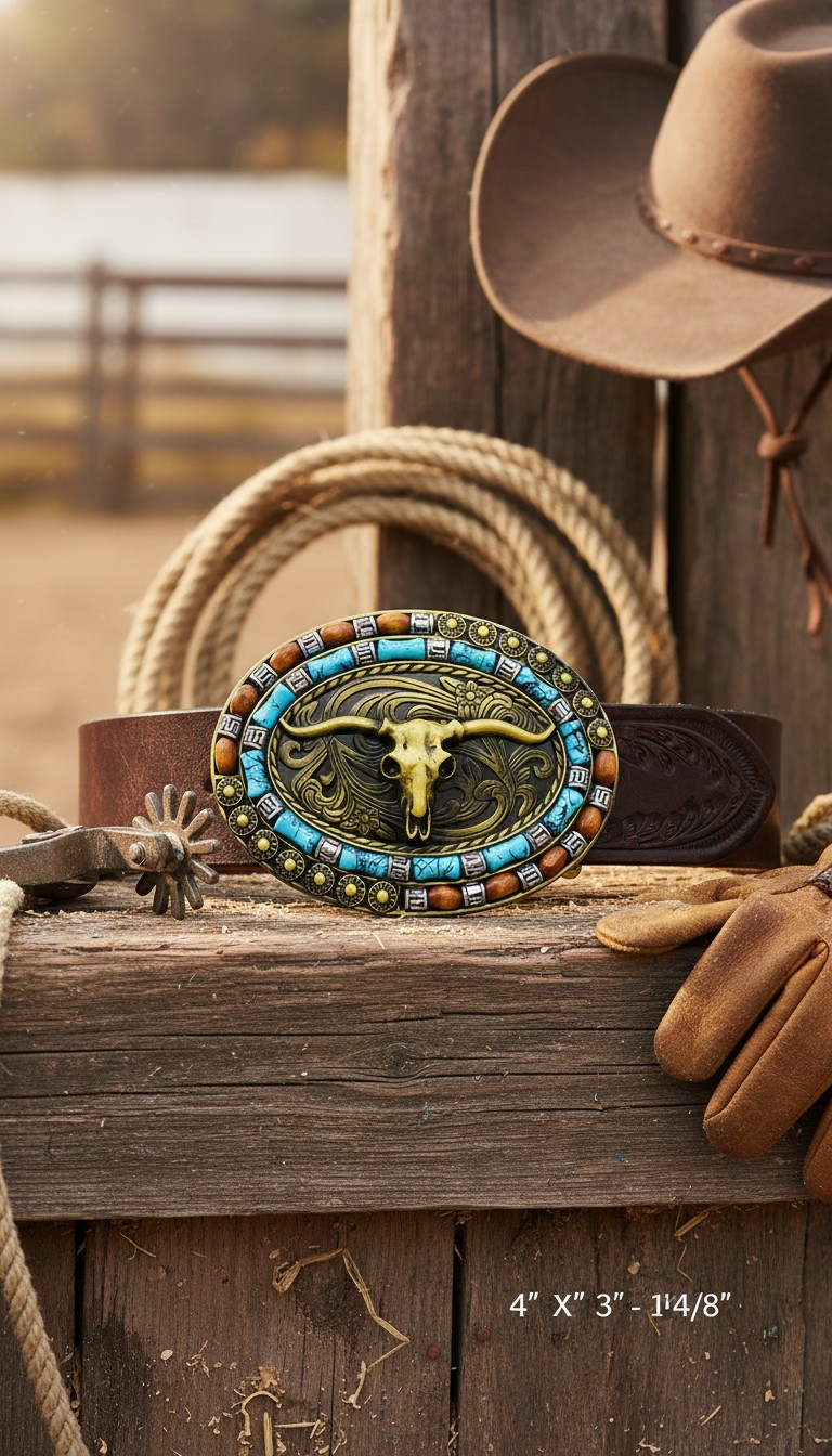 Men Dark Gold Metal Buckle Western Fashion Bull Long Horn Texas Cow Cowboy Style