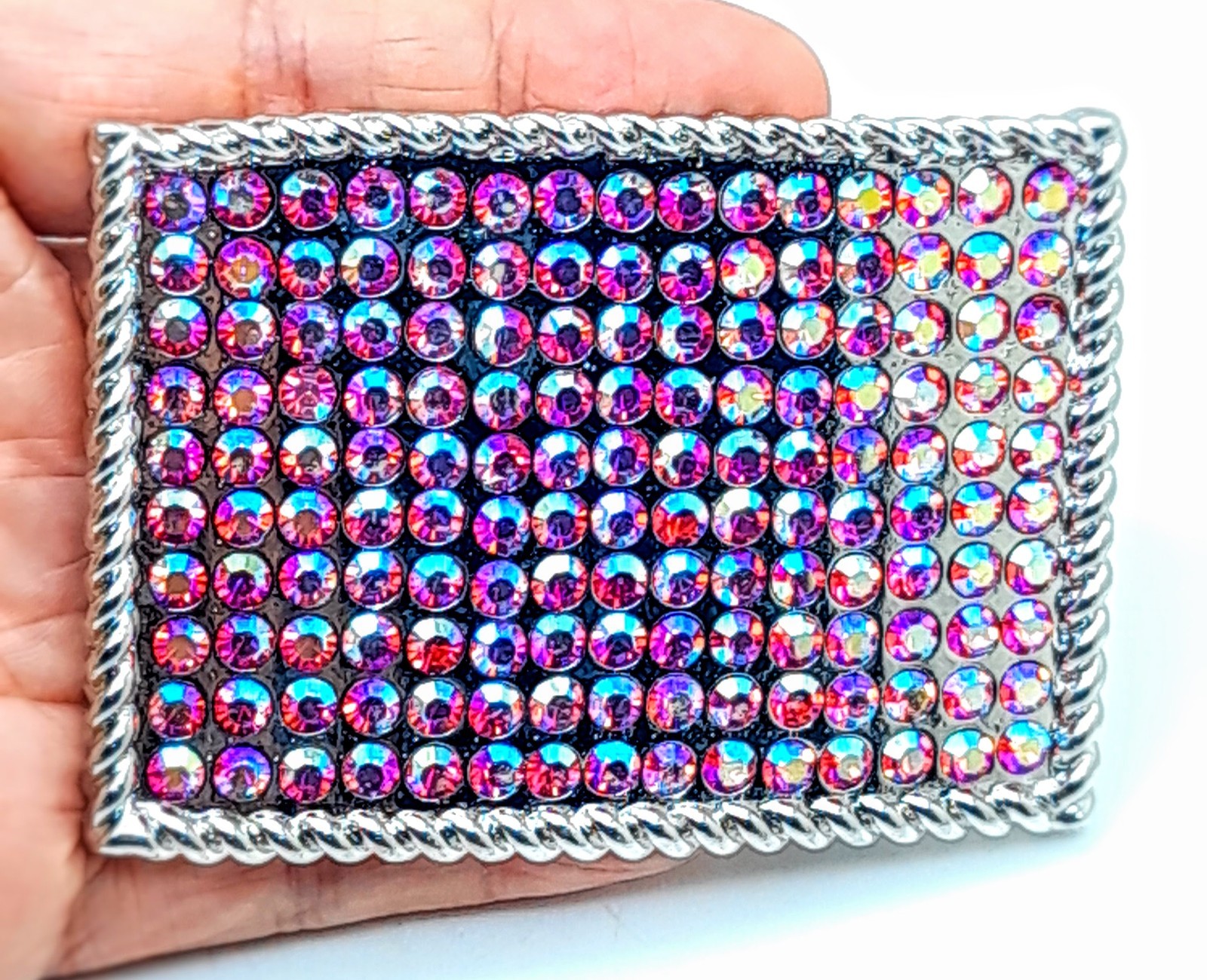Fashion unisex style classic oblong Belt Buckle Silver Metal pink ab rhinestones