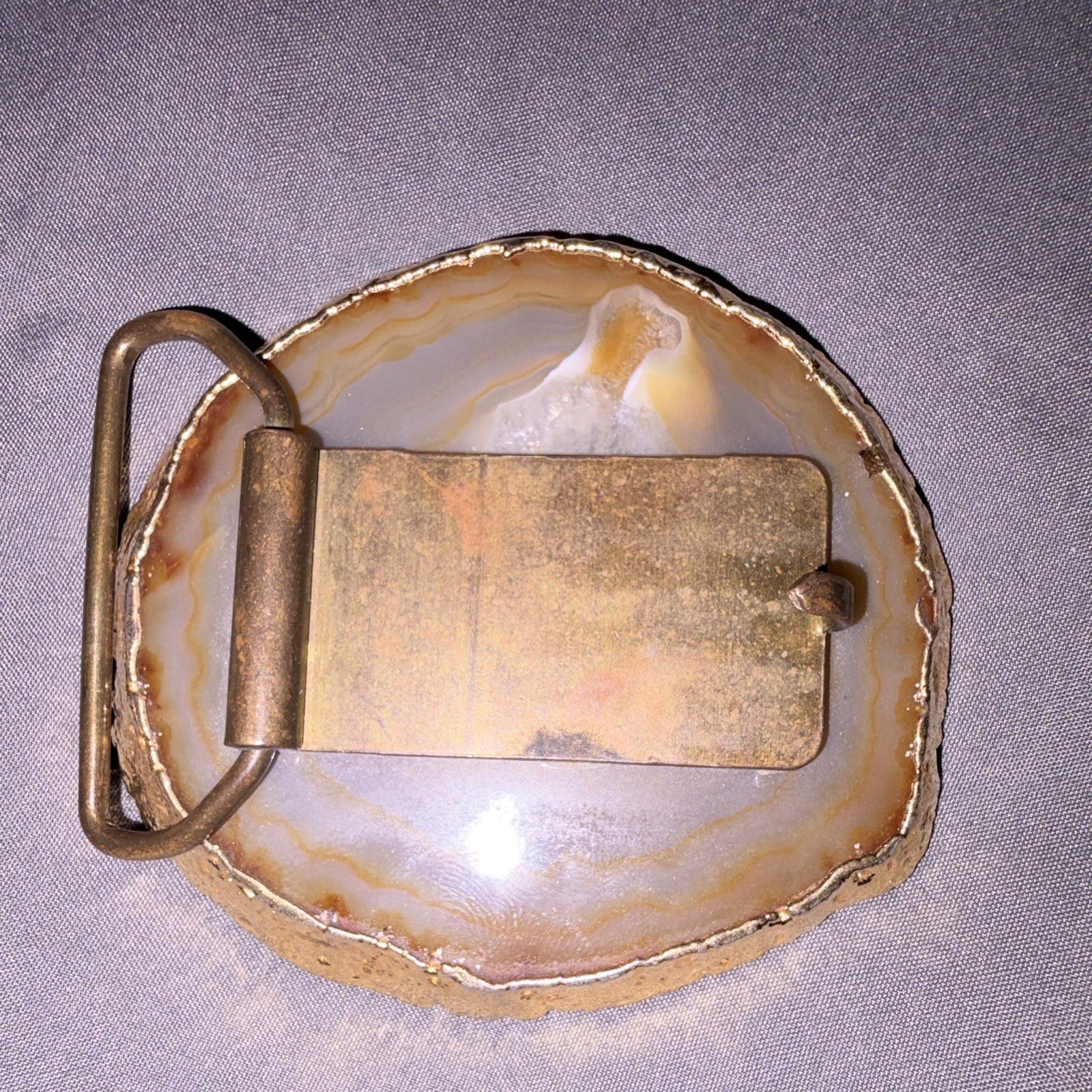 Vintage Agate Slice Belt Buckle Gold Tone Cowboy Western Boot Spur Geode Rock
