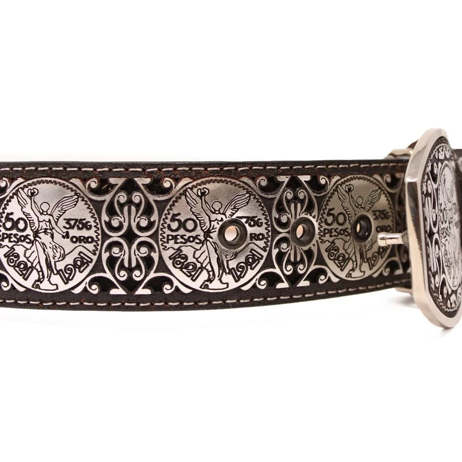 Genuine Laser Cut Leather Centenario Western Belt with Removable Buckle – Silver