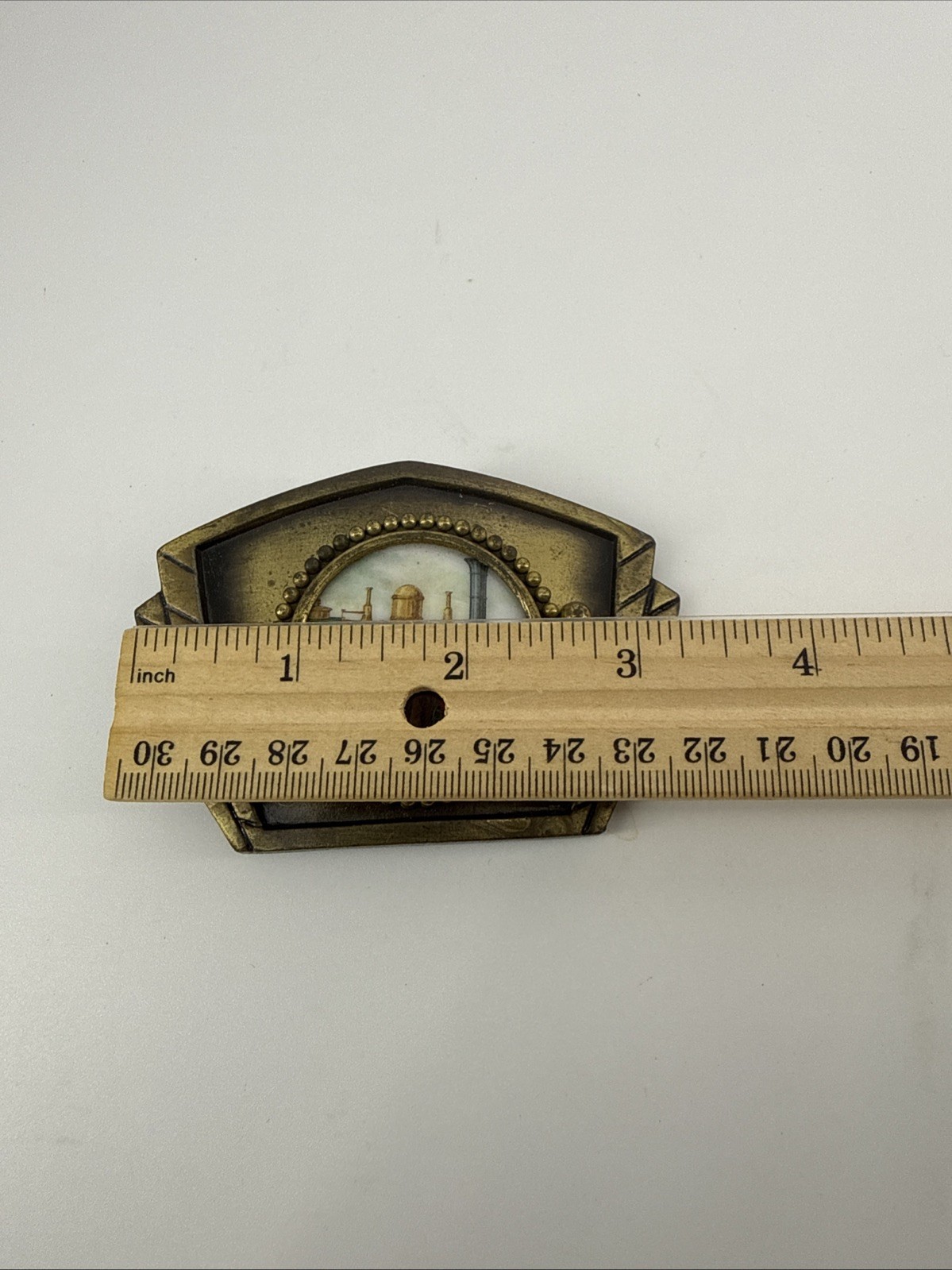 Vintage Railroad Metal Locomotive Belt Buckle Ceramic Inlay Train Collectible