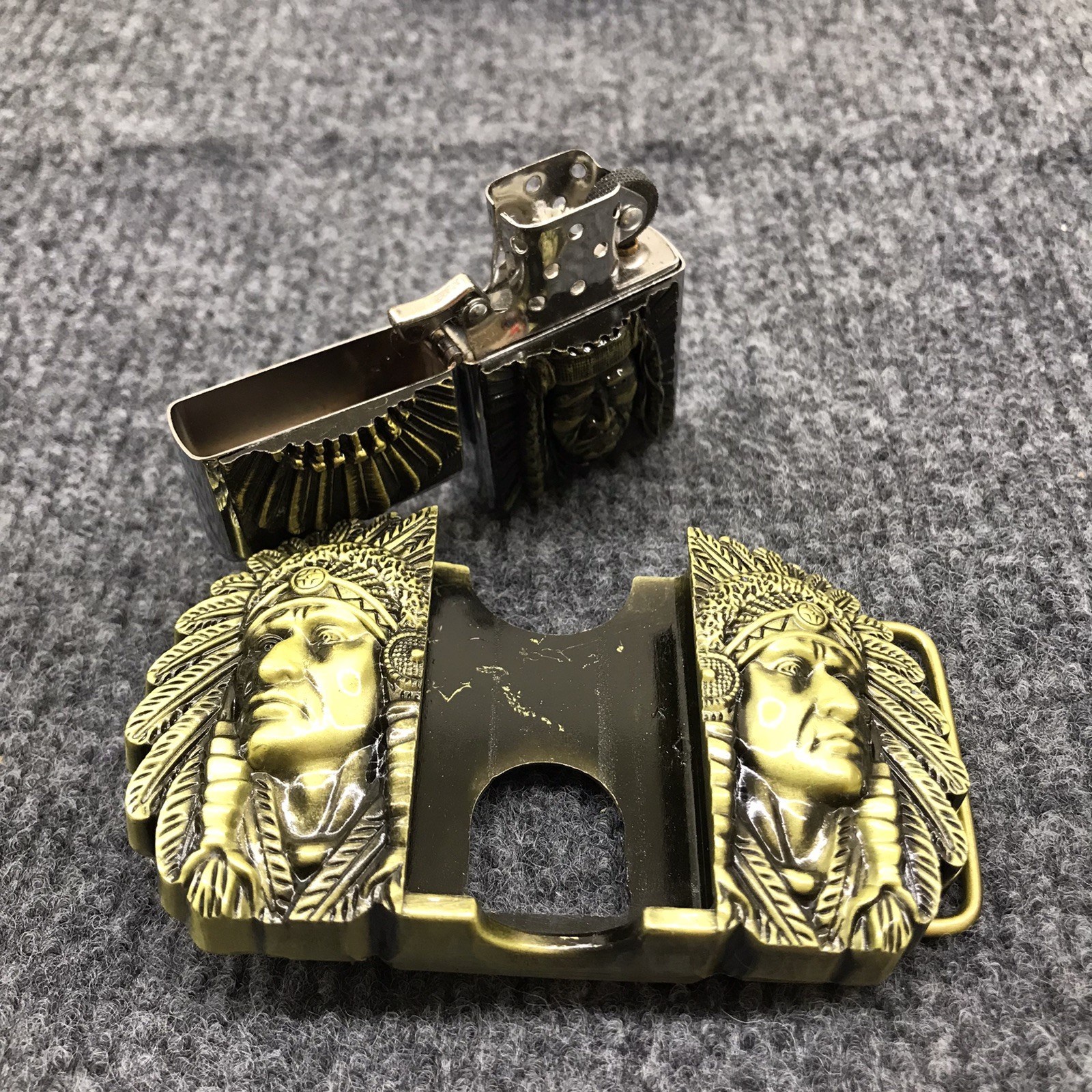 Antique Brushed Indian Chief Head Belt Buckle with Lighter, Stock in US