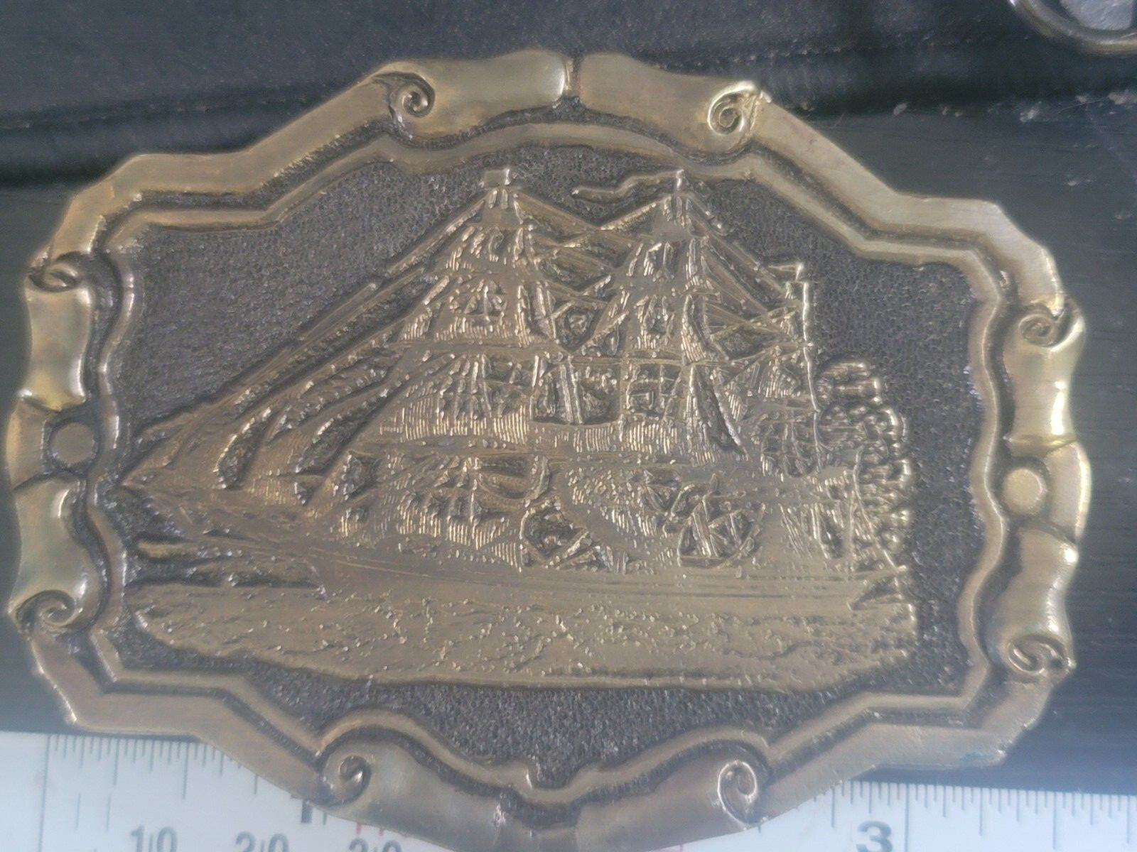 Tall Ship Adezy Denver Bronze Belt Buckle with Rare Scroll Frame Vintage 1978