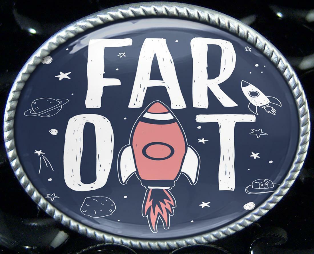 Far Out Belt Buckle – Retro Space Art Handmade Silver Buckle – 368
