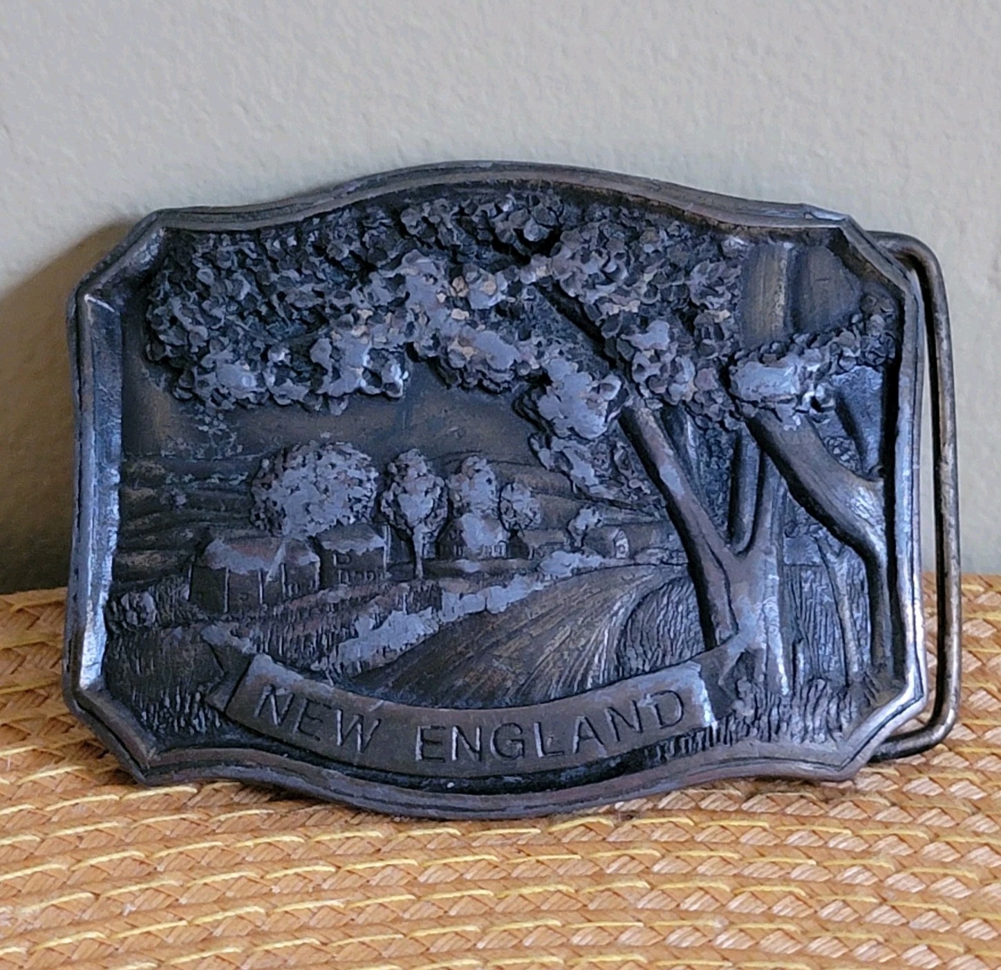 VTG New England Antiqued Brass Belt Buckle Embossed Country Road Indiana Metal