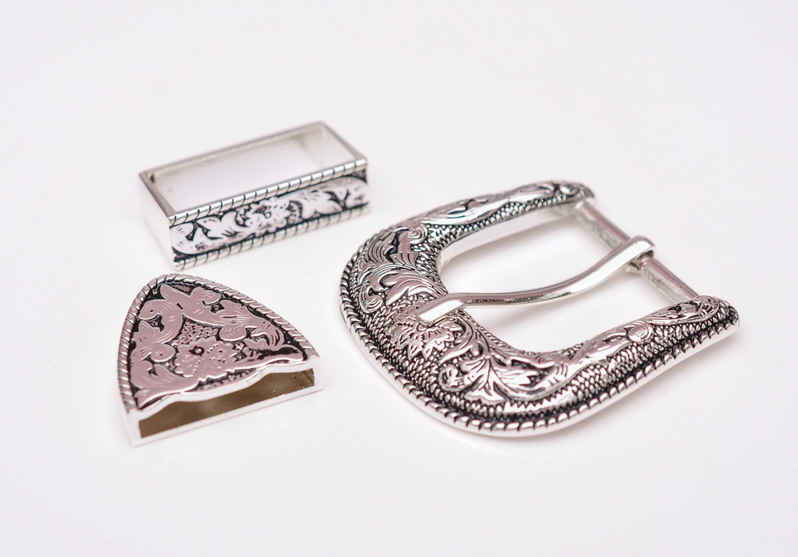 Antique Silver 2-Tone Floral Engraved Belt Pin Buckle Set Fit 30mm Wide Straps