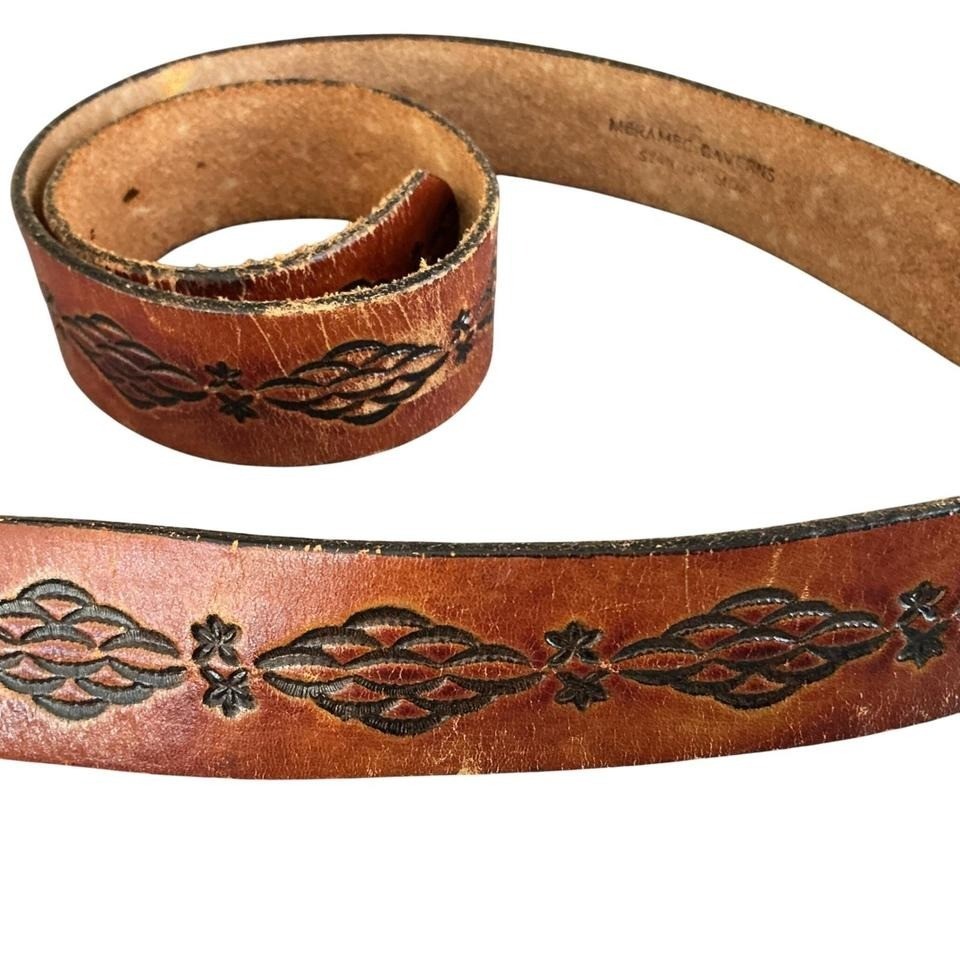 Mens VTG Brown Tooled Leather 38&Prime; Belt Meremac Caverns  » W » + Wagon On Buckle