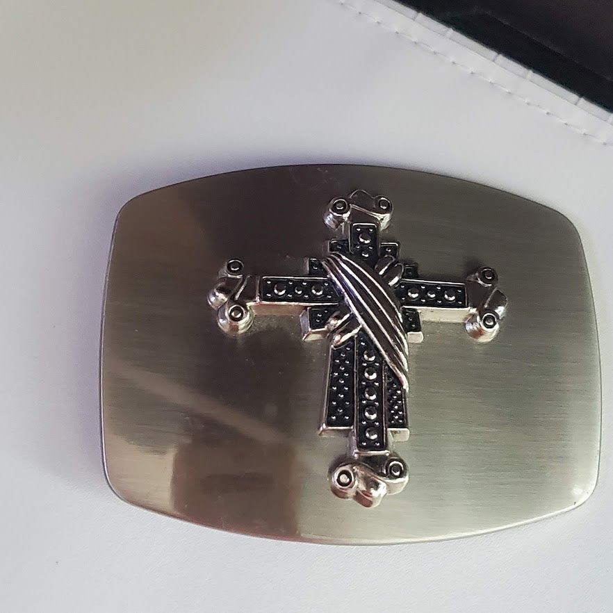Silver Tone Ornate Cross Belt Buckle Brushed Metal Rectangular Religious Western