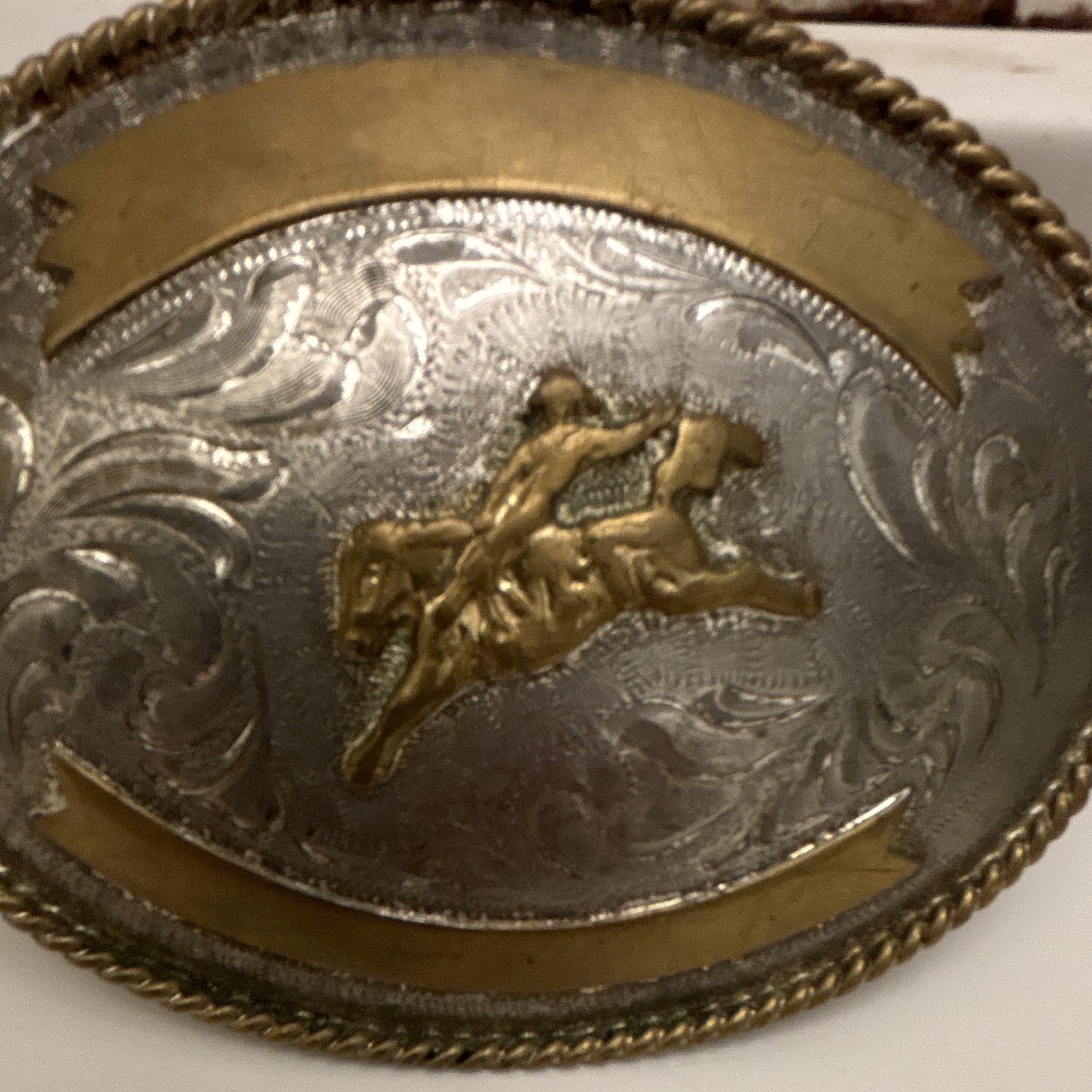 PRCA Pattie Oval Western Belt Buckle Silver/Gold Rope Edge Horse Rider Floral