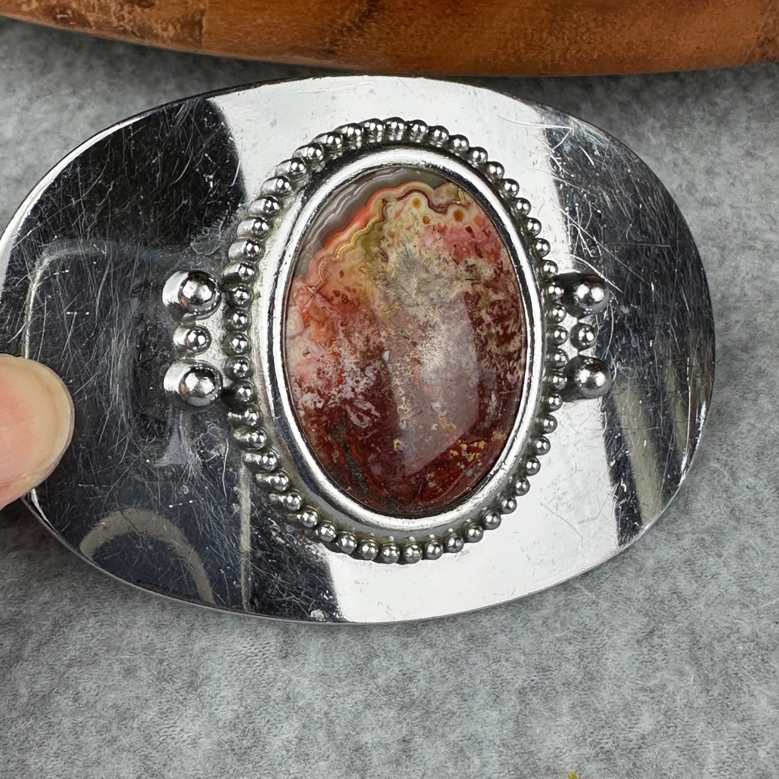 Vtg Style Red Lace Agate Silver Tone Oval Western Belt Buckle