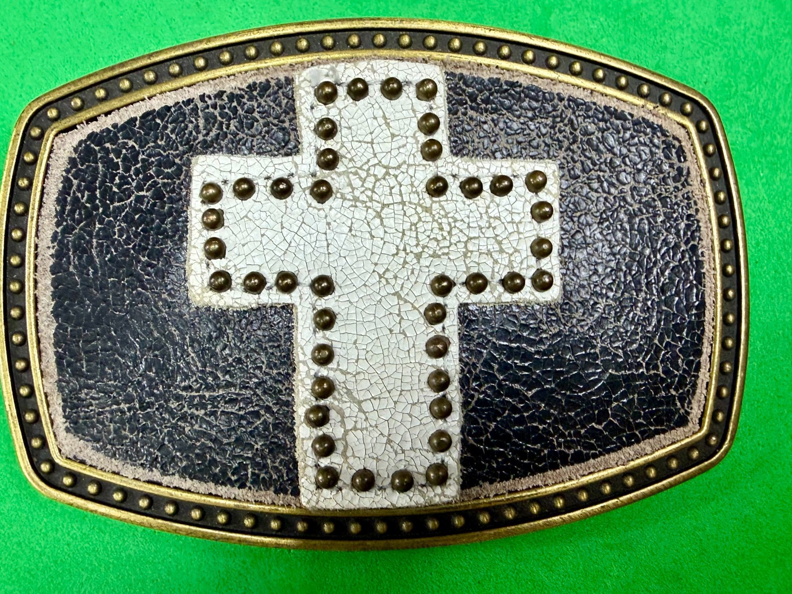 Metallic Theme Religious Cross Studded Design on White Faux Leather Belt Buckle