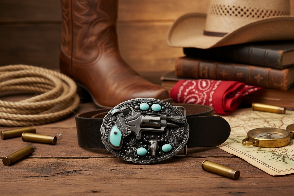 Men Western Buckle Silver Metal Revolver Pistol Gun Feather Bull Skull Turquoise