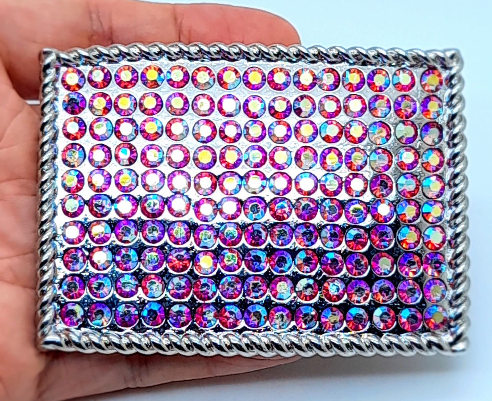 Fashion unisex style classic oblong Belt Buckle Silver Metal pink ab rhinestones