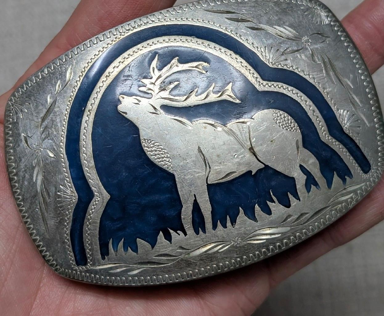 vintage ELK belt buckle HANDCRAFTED german silver WESTERN inlay ENGRAVED cowboy