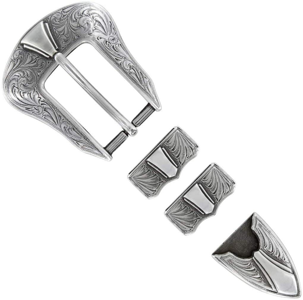 WESTERN COWBOY ANTIQUE SILVER FLORAL ENGRAVED BELT BUCKLE SET FIT 1&Prime; WIDE STRAP