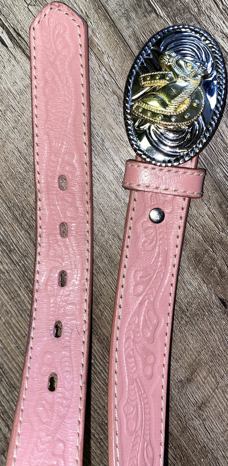 Horse Shoe Pink Tooled Leather Belt Buckle Barrel Rider Rodeo 26 Cowgirl Country
