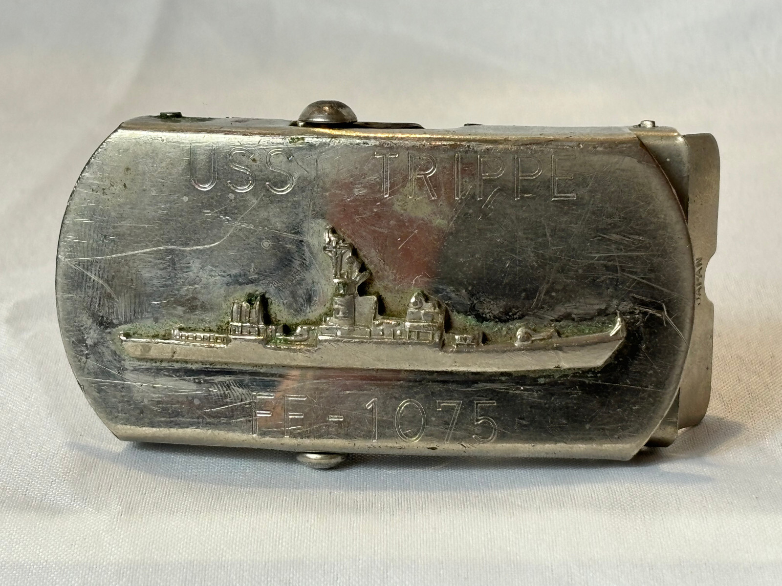 VTG Naval USS Trippe FF-1075 Belt Buckle Military Style Knox Class Frigate Japan